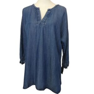 Reba Medium Tencel Blue Jean Denim Notched V-Neck Blouse Embellished Shirt Top